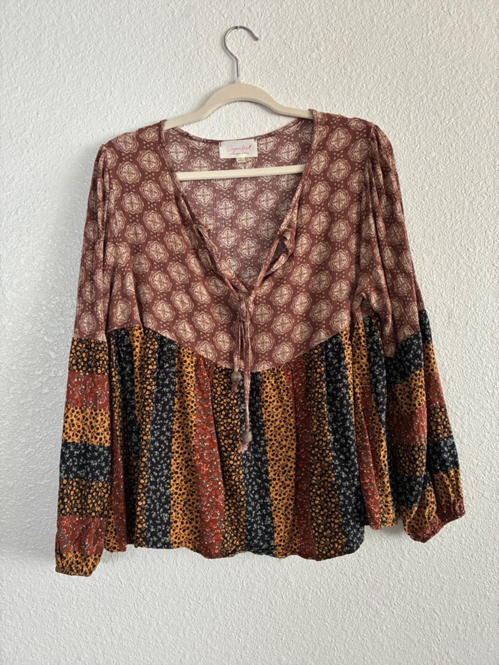 Boho Patchwork Peasant Tunic in Rust, Black & Mustard